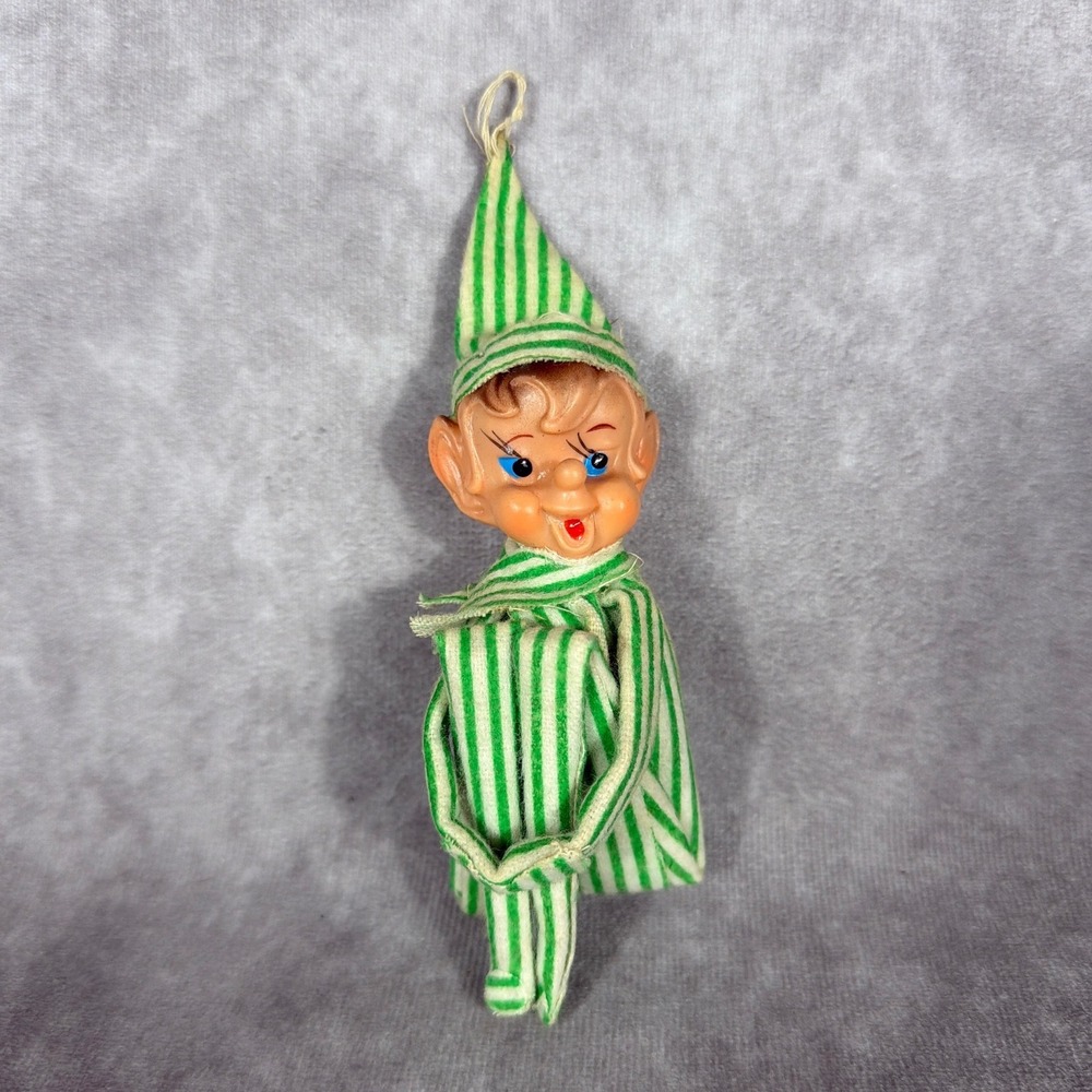 Vtg Christmas Knee Hugger Elf Pixie Striped Green White Rubber Face Japan 60s